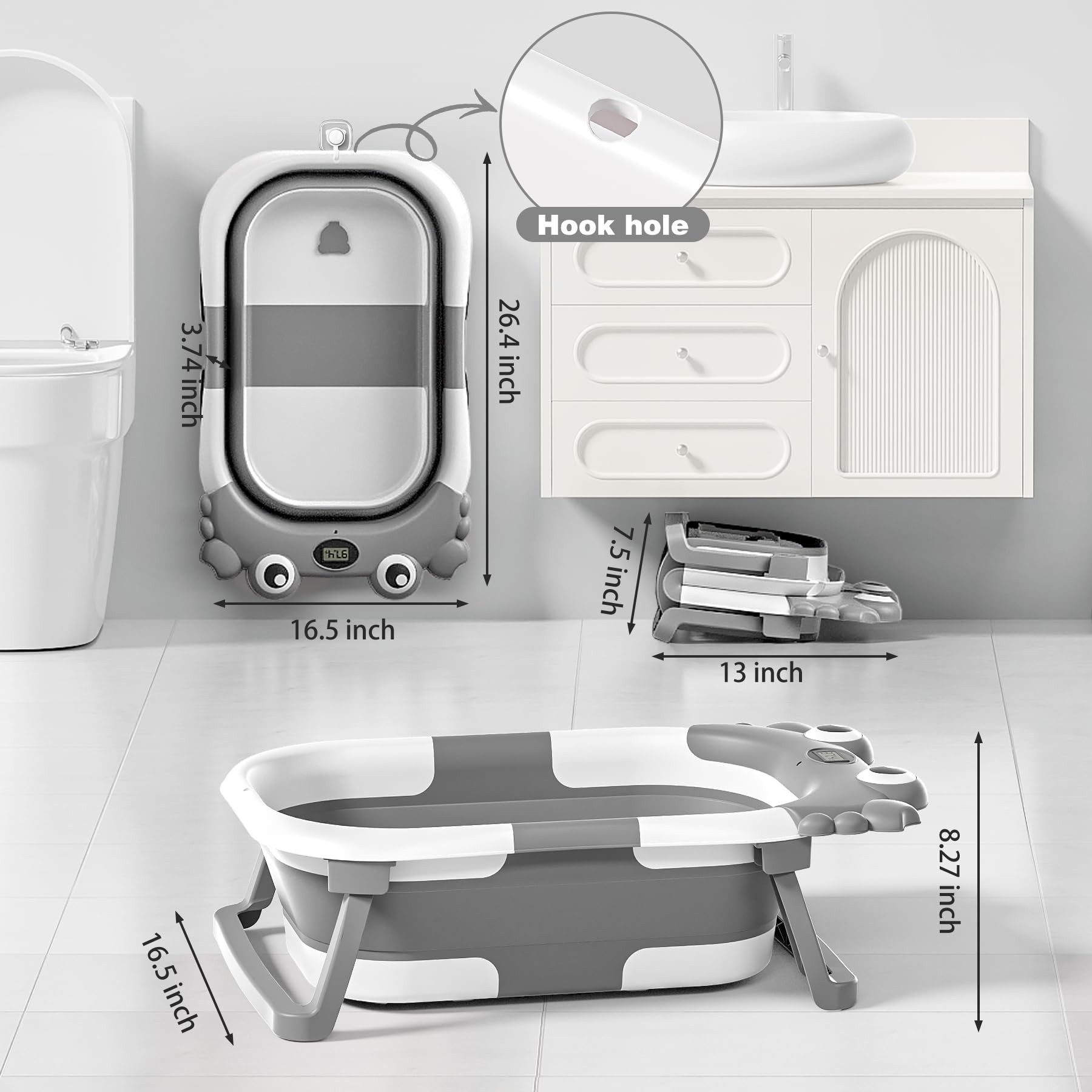 Wiqins baby bath thermometer display highlights real-time temperature monitoring for comfort.