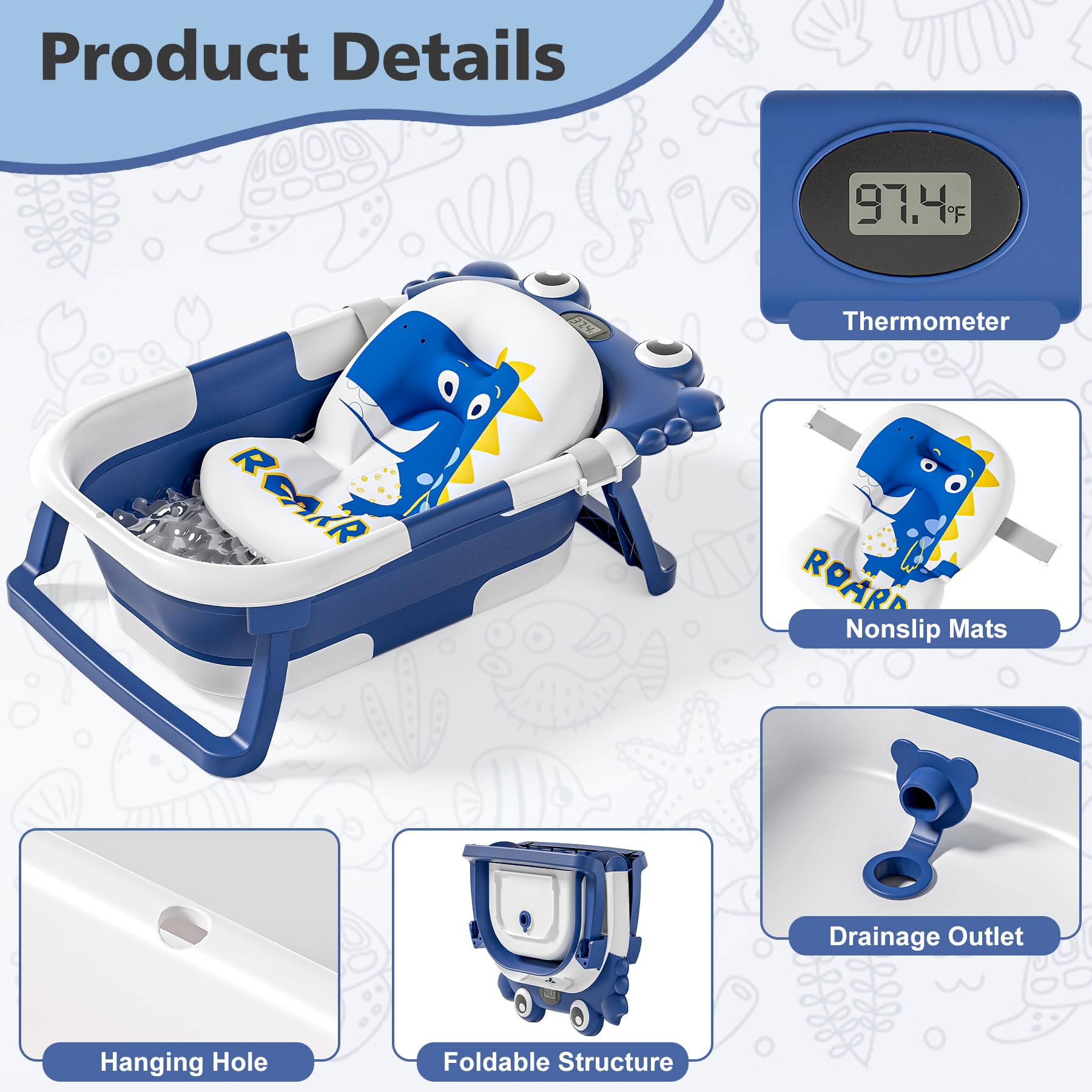 wiqins collapsible baby bathtub with real-time thermometer for safe bathing