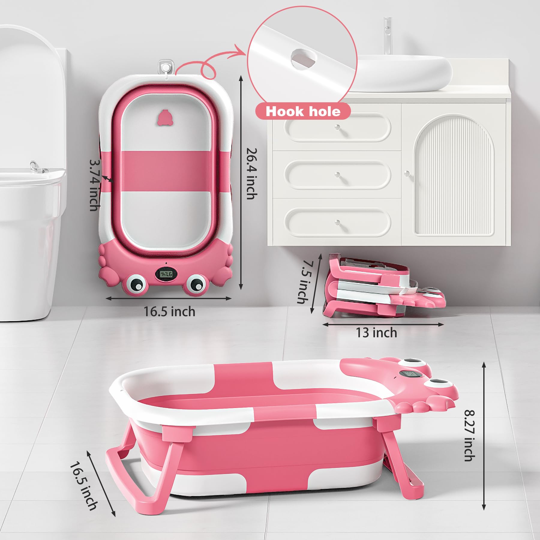 wiqins collapsible baby bathtub thermometer real time shows water temperature for safe baths.