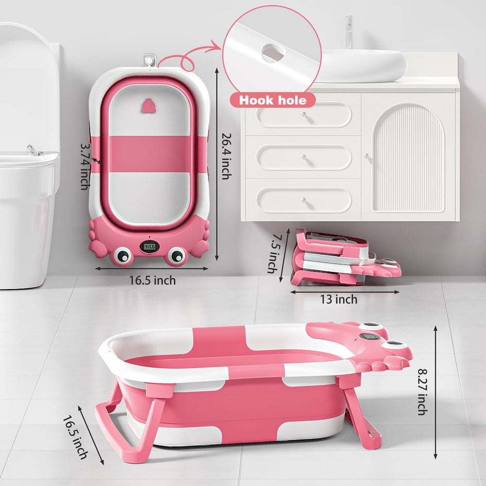 wiqins collapsible baby bathtub thermometer real time shows water temperature for safe baths.