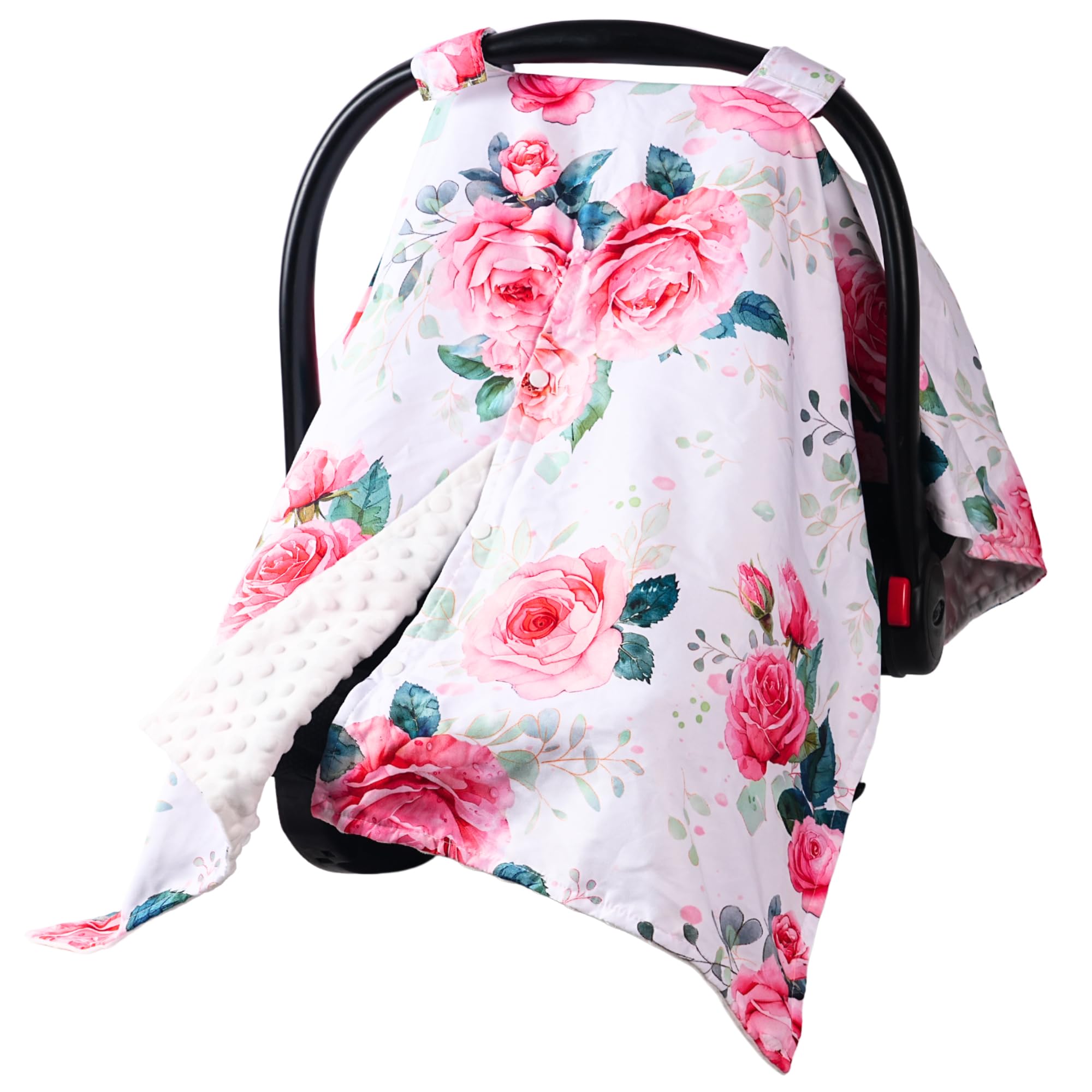 Wirein baby car seat cover with pink rose floral design provides cozy shade and airflow.