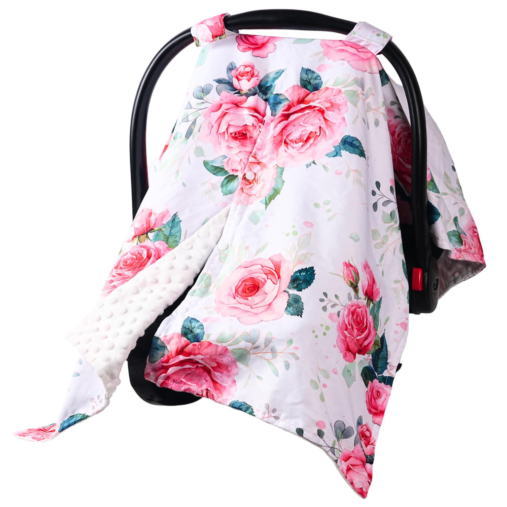 Wirein baby car seat cover with pink rose floral design provides cozy shade and airflow.
