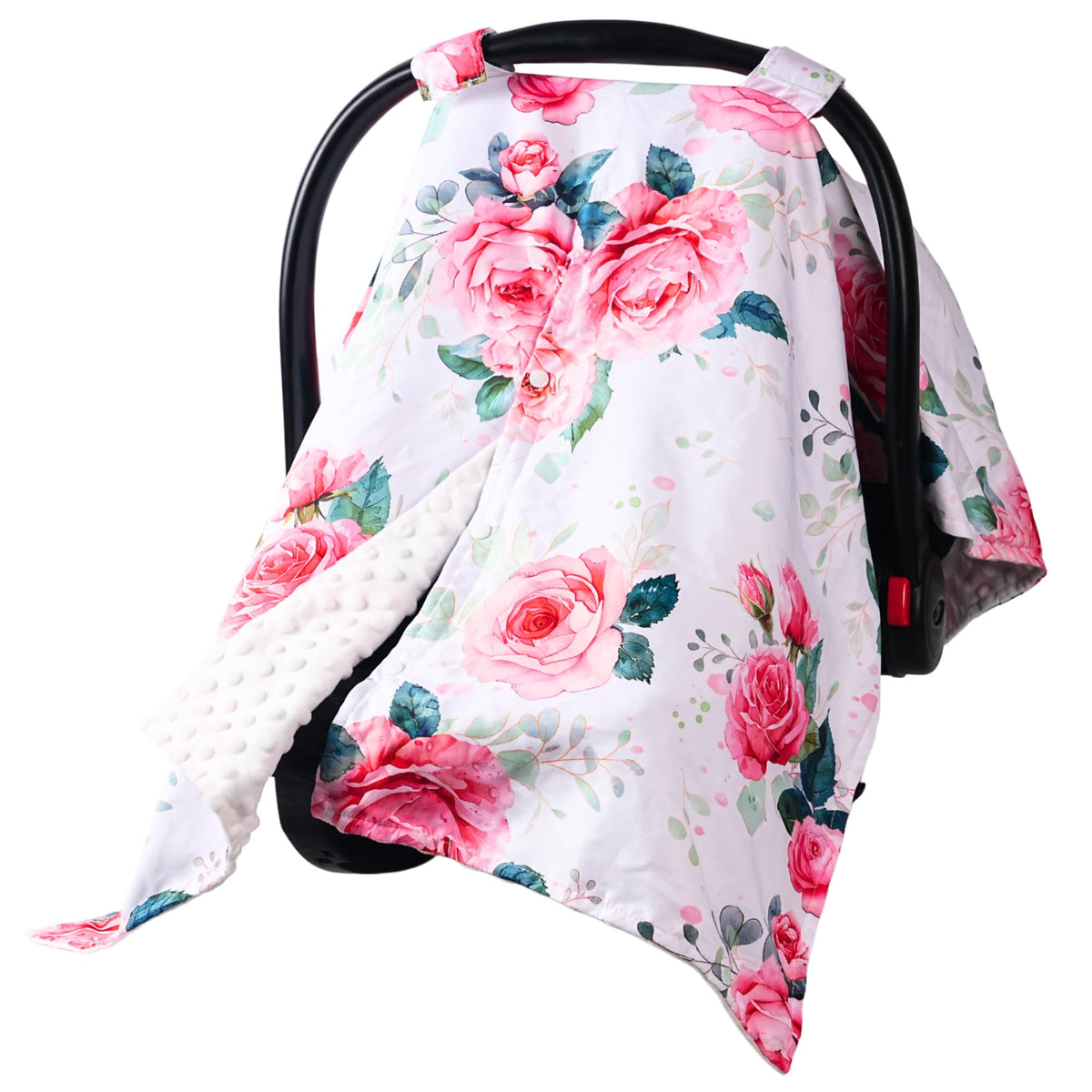 Wirein baby car seat cover with pink rose floral design provides cozy shade and airflow.