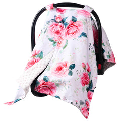 Wirein baby car seat cover with pink rose floral design provides cozy shade and airflow.