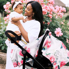 Wirein nursing cover and multi-use option for on-the-go feeding.