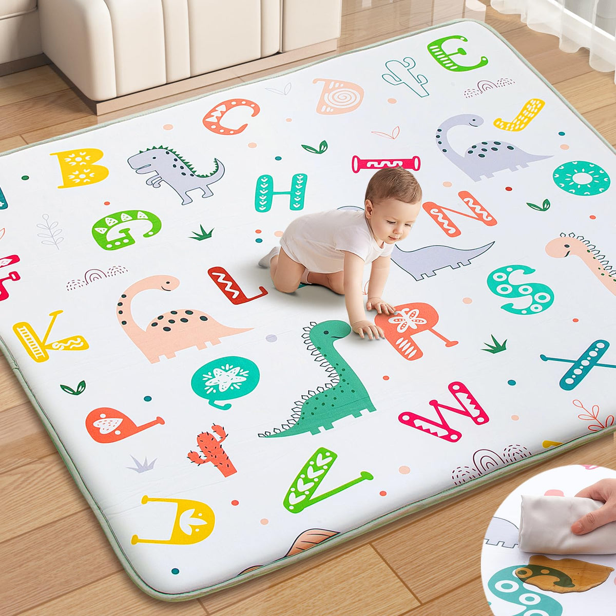 Wirhao baby play mat dinosaur-alphabet design, top view, soft cushioning for crawlers