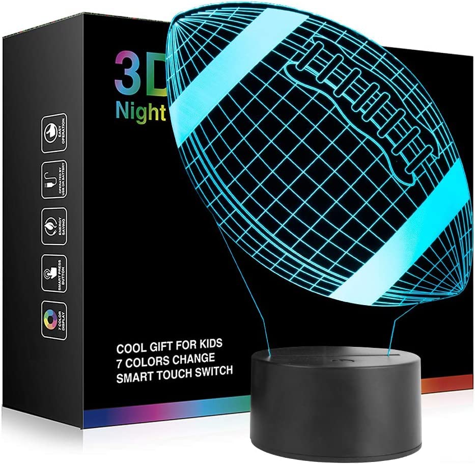 Wiscky Football 3D night light panel glows in 7 colors for kid-friendly ambiance.
