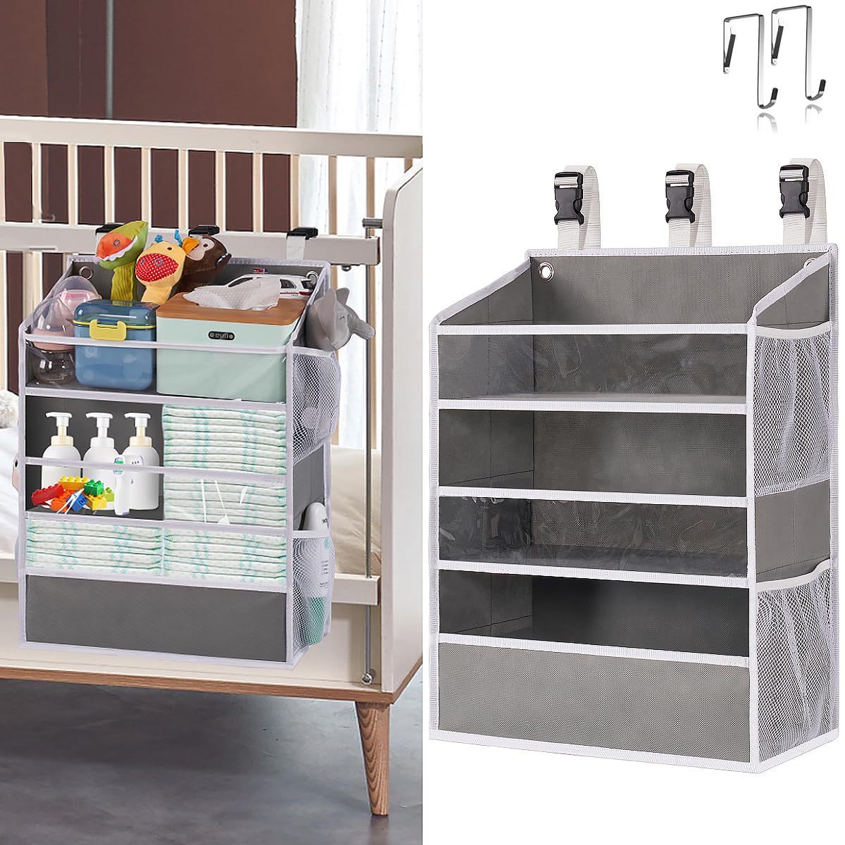 WishJazz XL diaper caddy mounted on crib showing secure installation for quick access
