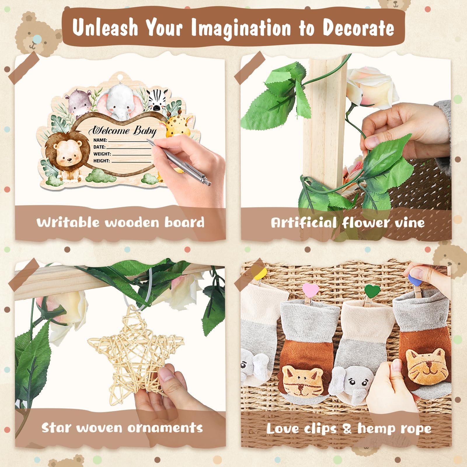 Wisreach rattan star decor accentuates elegant, nature-inspired baby gift setup.