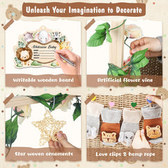 Wisreach rattan star decor accentuates elegant, nature-inspired baby gift setup.