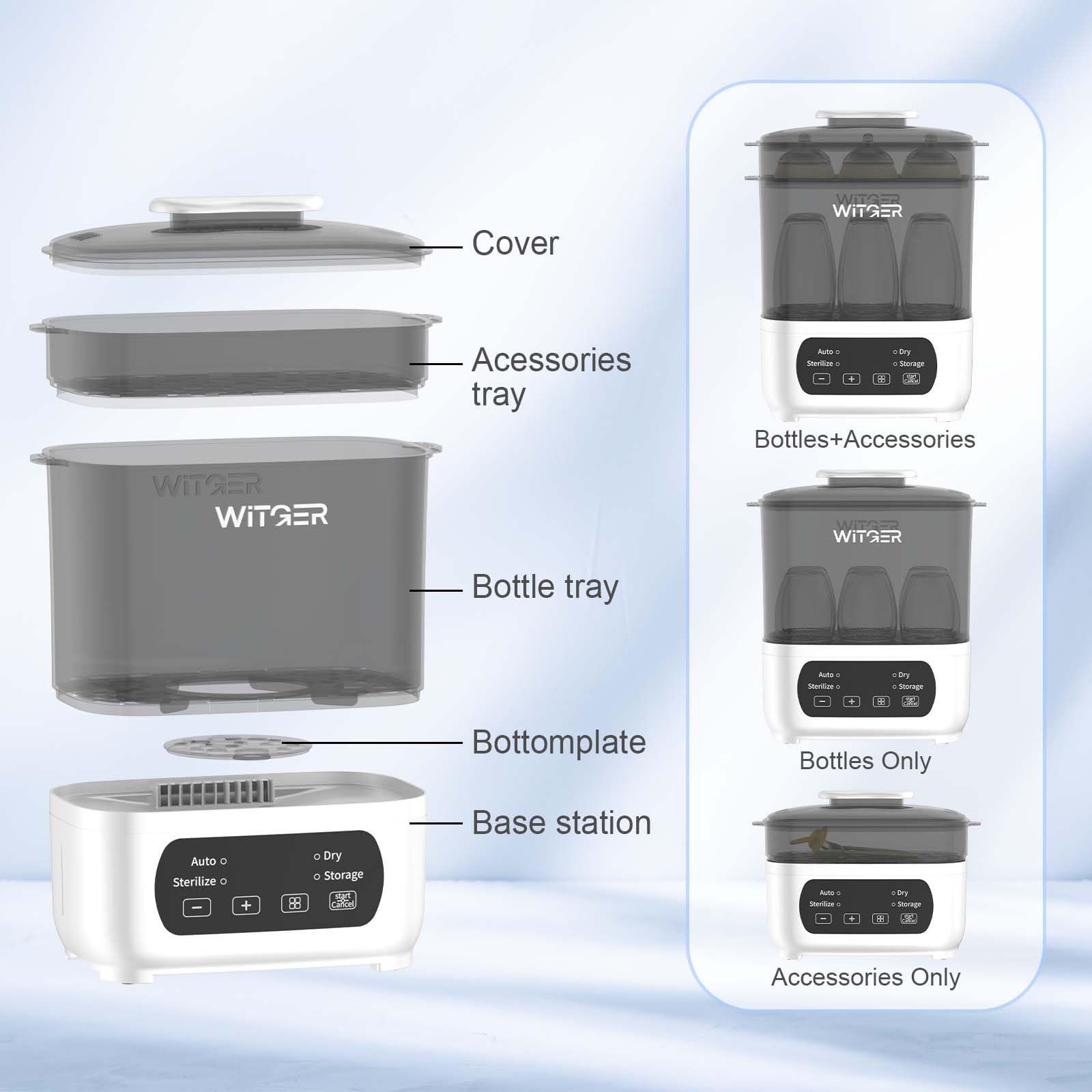 WITGER Baby Bottle Sterilizer digital controls provide precise settings for convenient use.