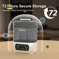 WITGER Sterilizer interior with bottles and pacifiers demonstrates high-capacity cleaning.