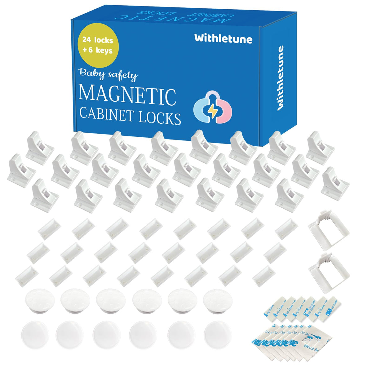 Withletune 24Locks adhesive installation demonstrates tool-free cabinet safety.