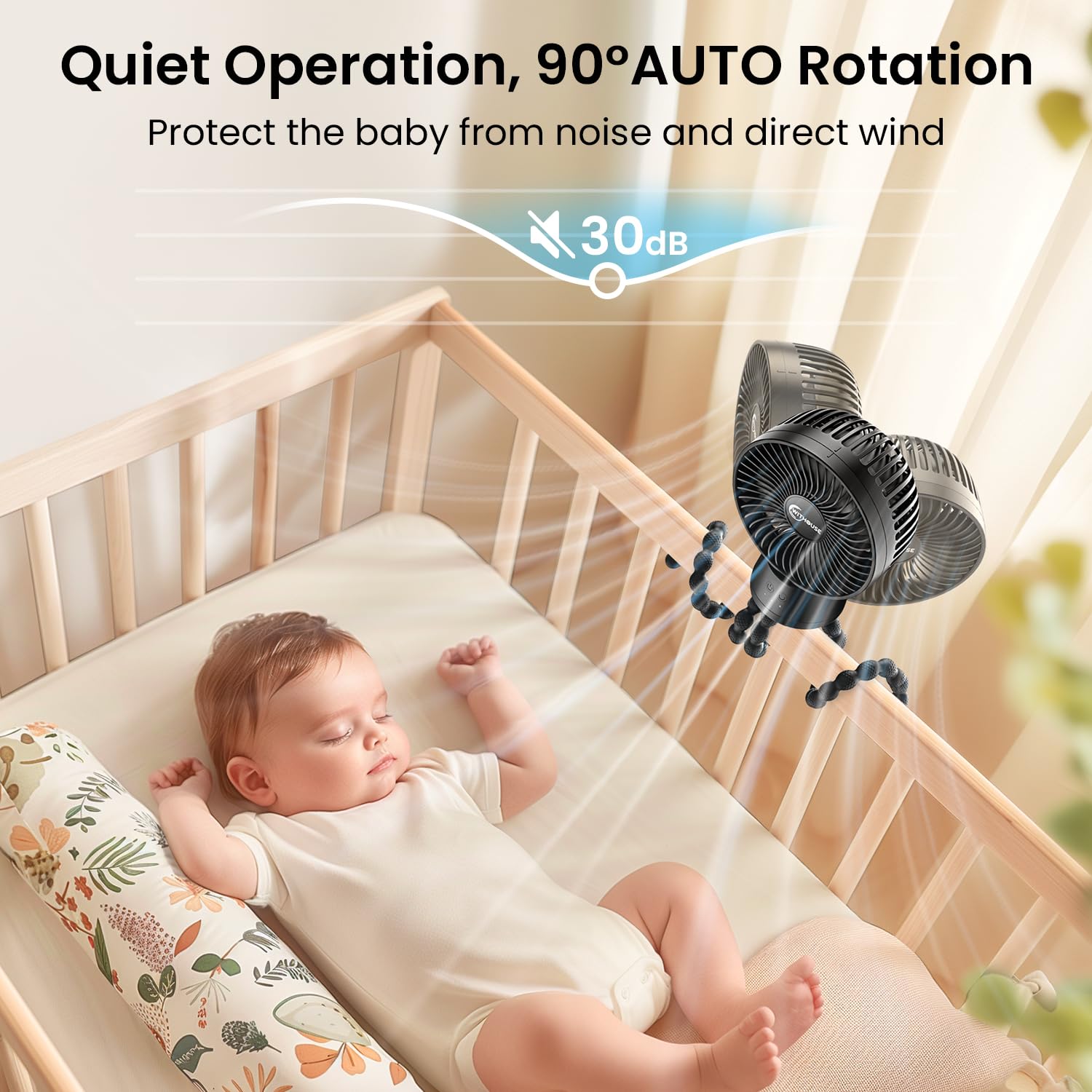 WITHOUSE 20000mAh stroller fan shows 90-degree auto-oscillation for even air distribution.