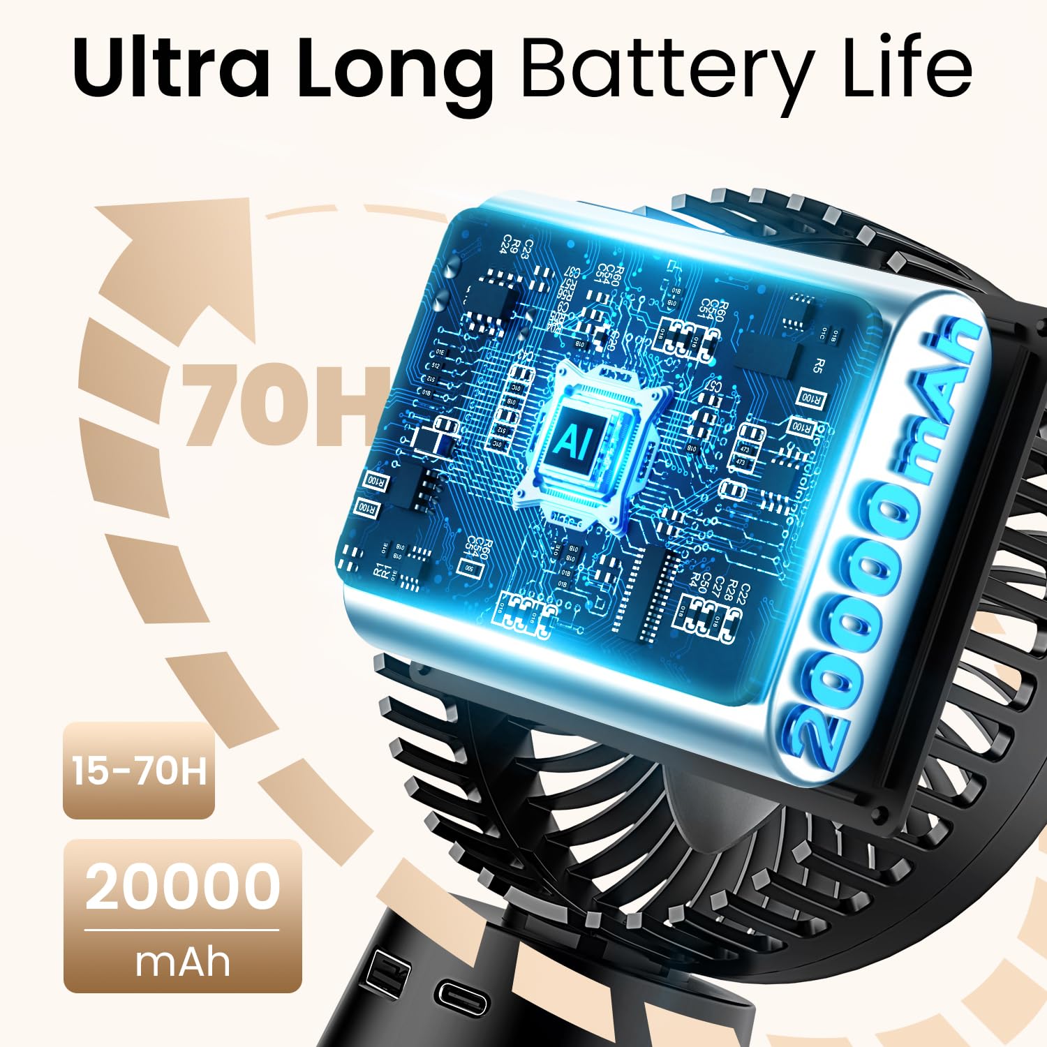 WITHOUSE 20000mAh stroller fan detachable design eases charging and reduces wear.