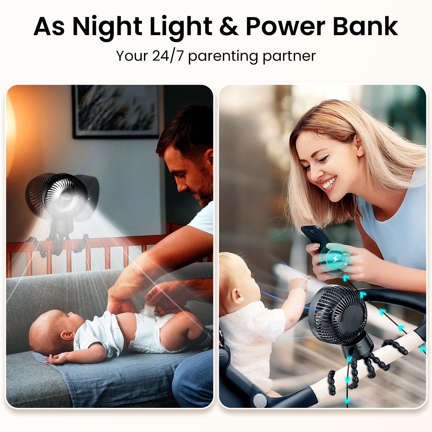 WITHOUSE 20000mAh stroller fan includes LED light for night feeds.