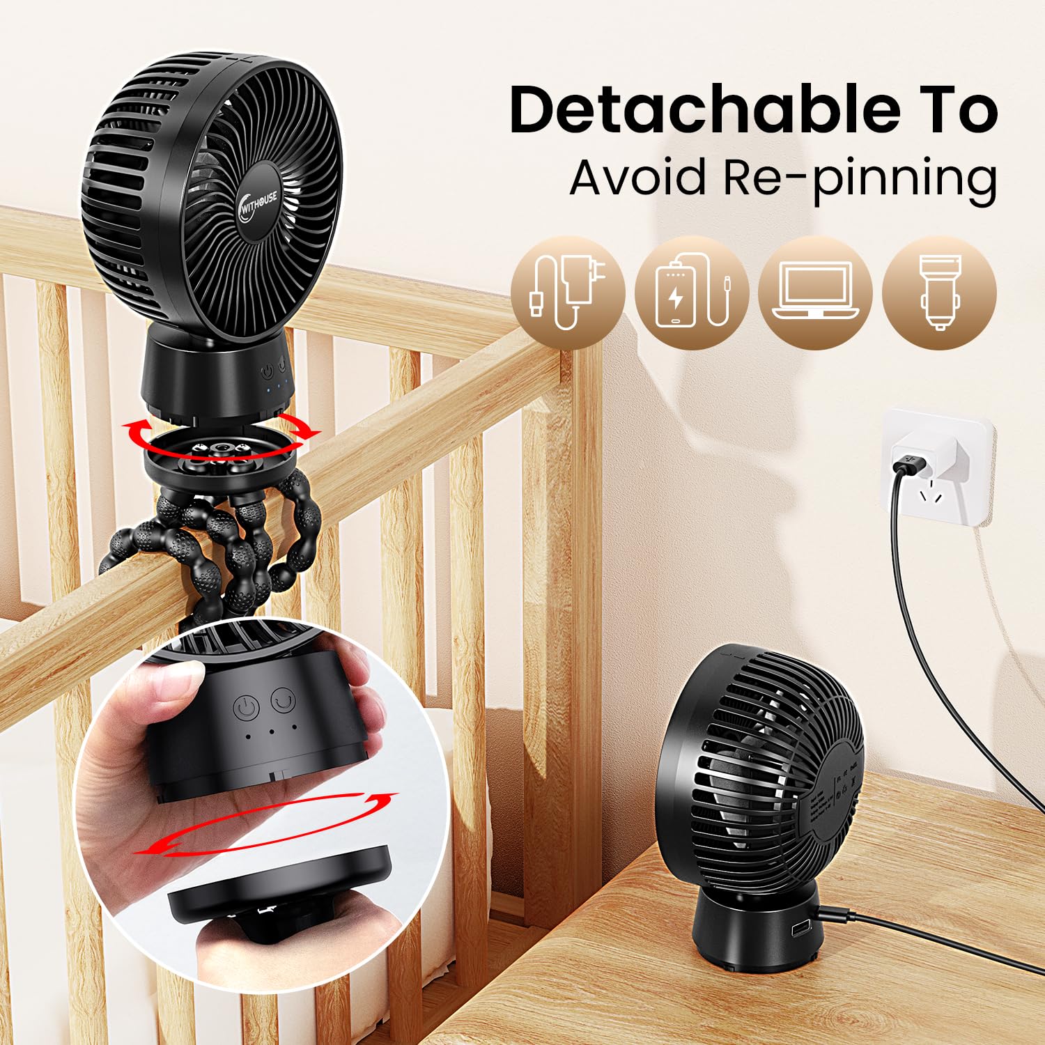 WITHOUSE 20000mAh stroller fan doubles as a power bank to charge devices.