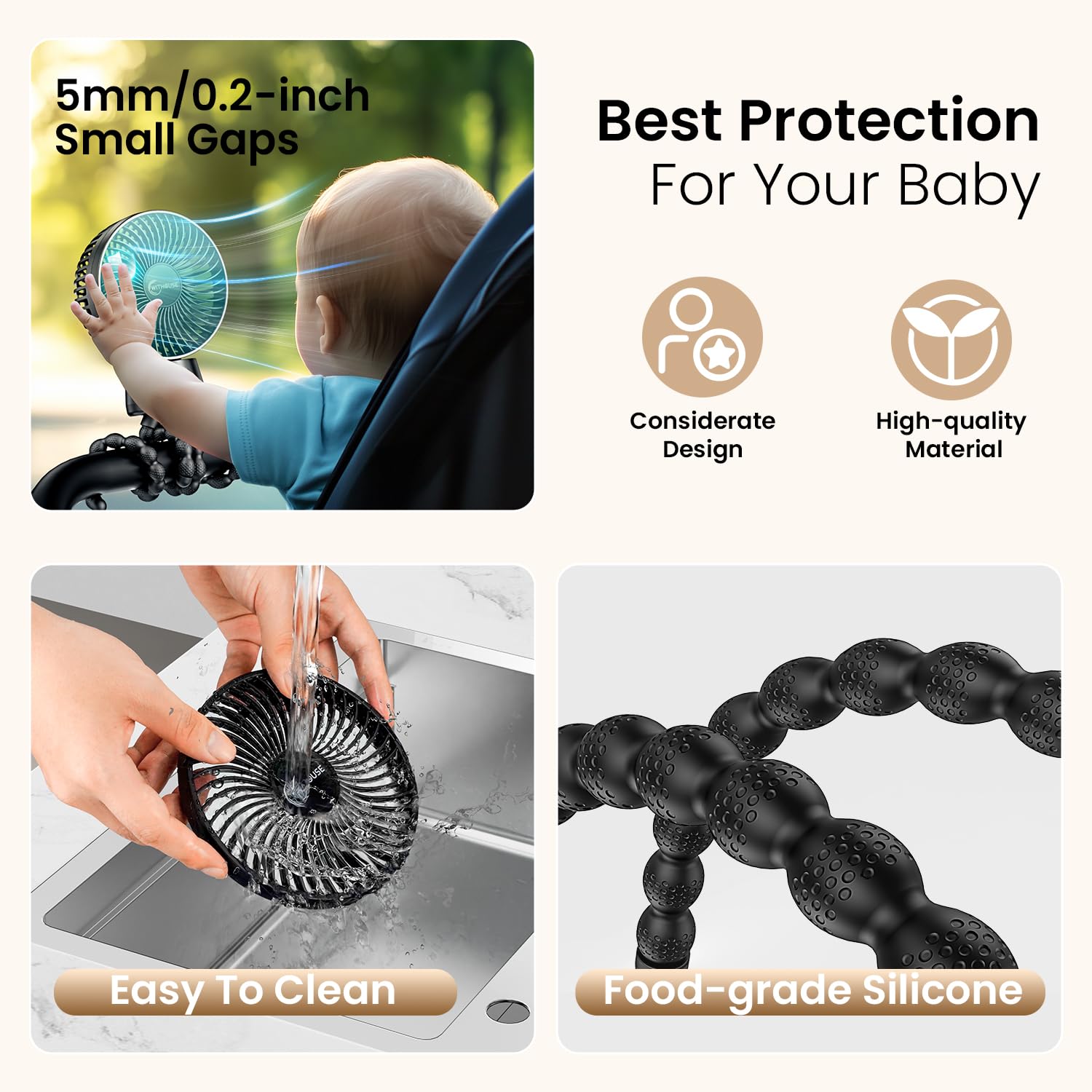 WITHOUSE 20000mAh stroller fan finger-safe design with silicone tripod, baby-friendly.