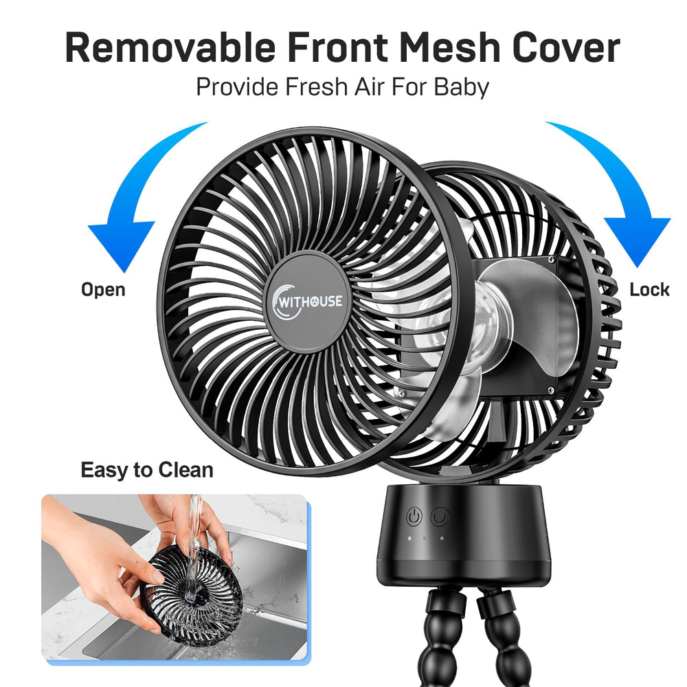 WITHOUSE clip-on stroller fan on car seat setup for travel comfort