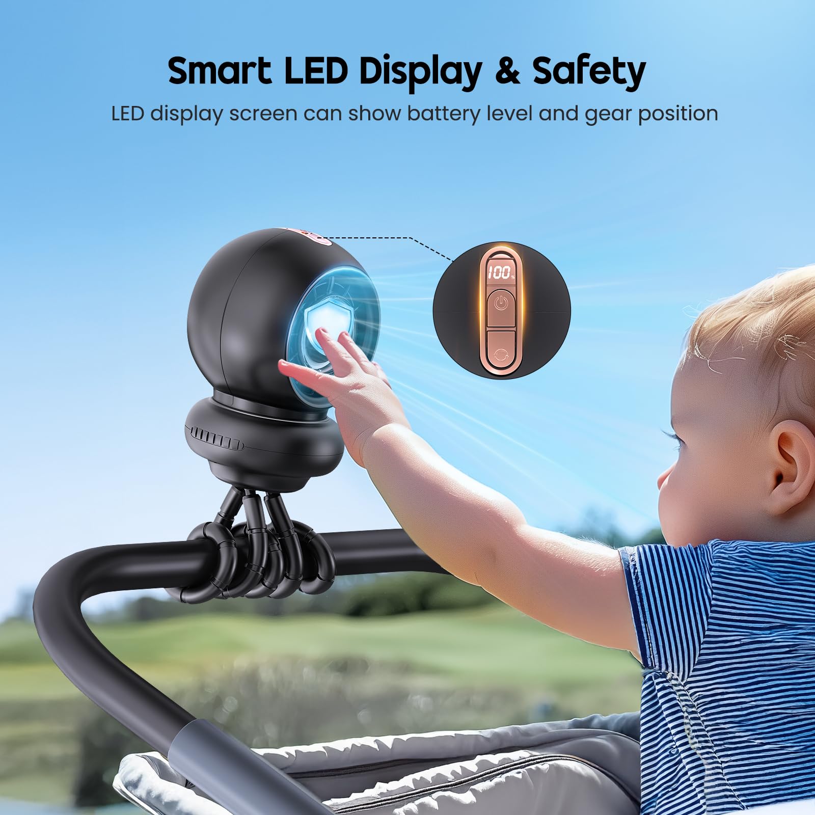 WITHOUSE stroller fan offers 4 speeds for gentle natural wind and cooler outings.