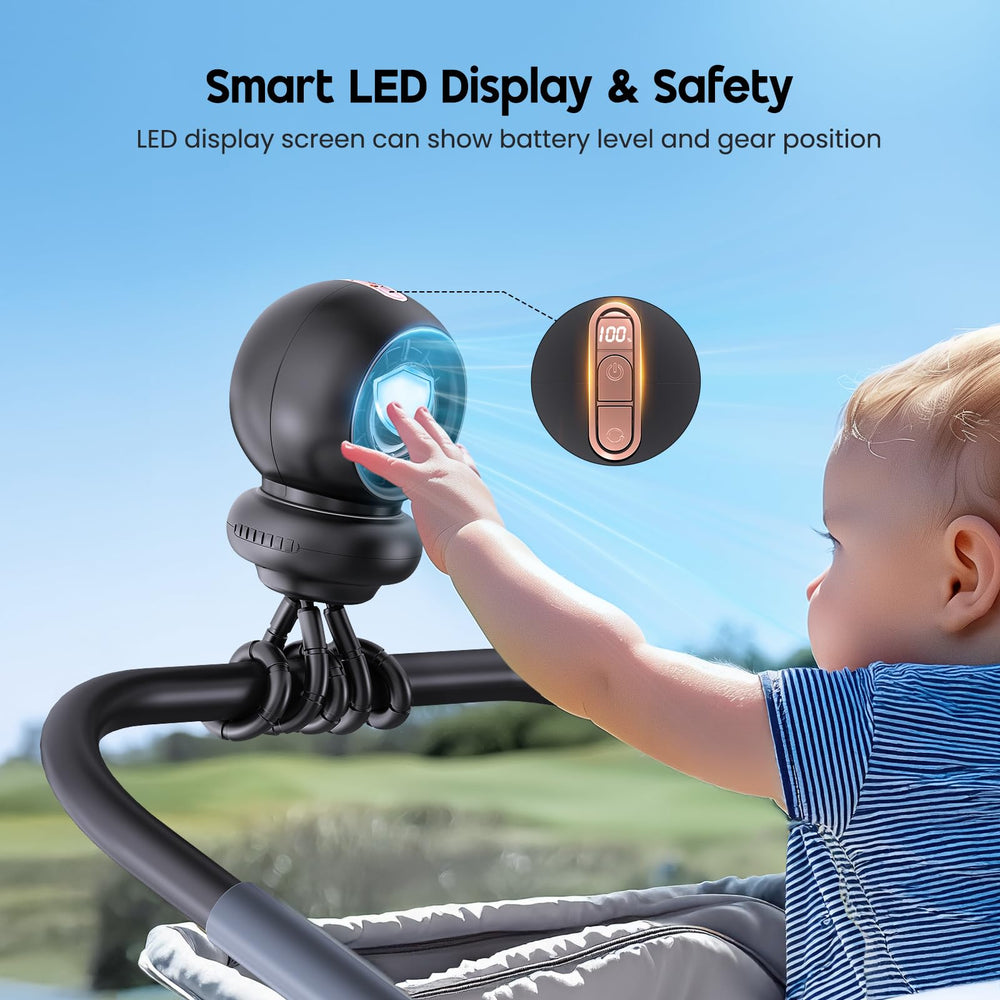 WITHOUSE stroller fan offers 4 speeds for gentle natural wind and cooler outings.