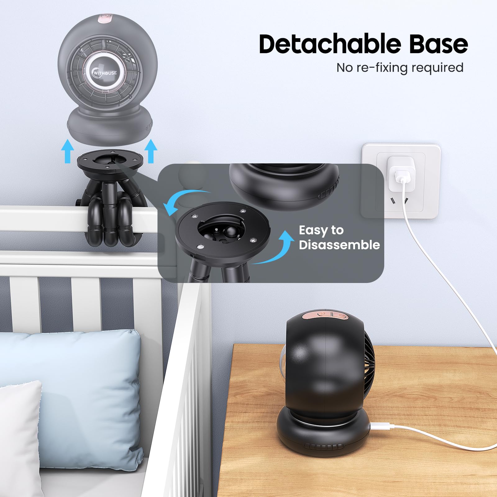 WITHOUSE stroller fan 8000mAh battery lasts hours between charges for on-the-go relief.