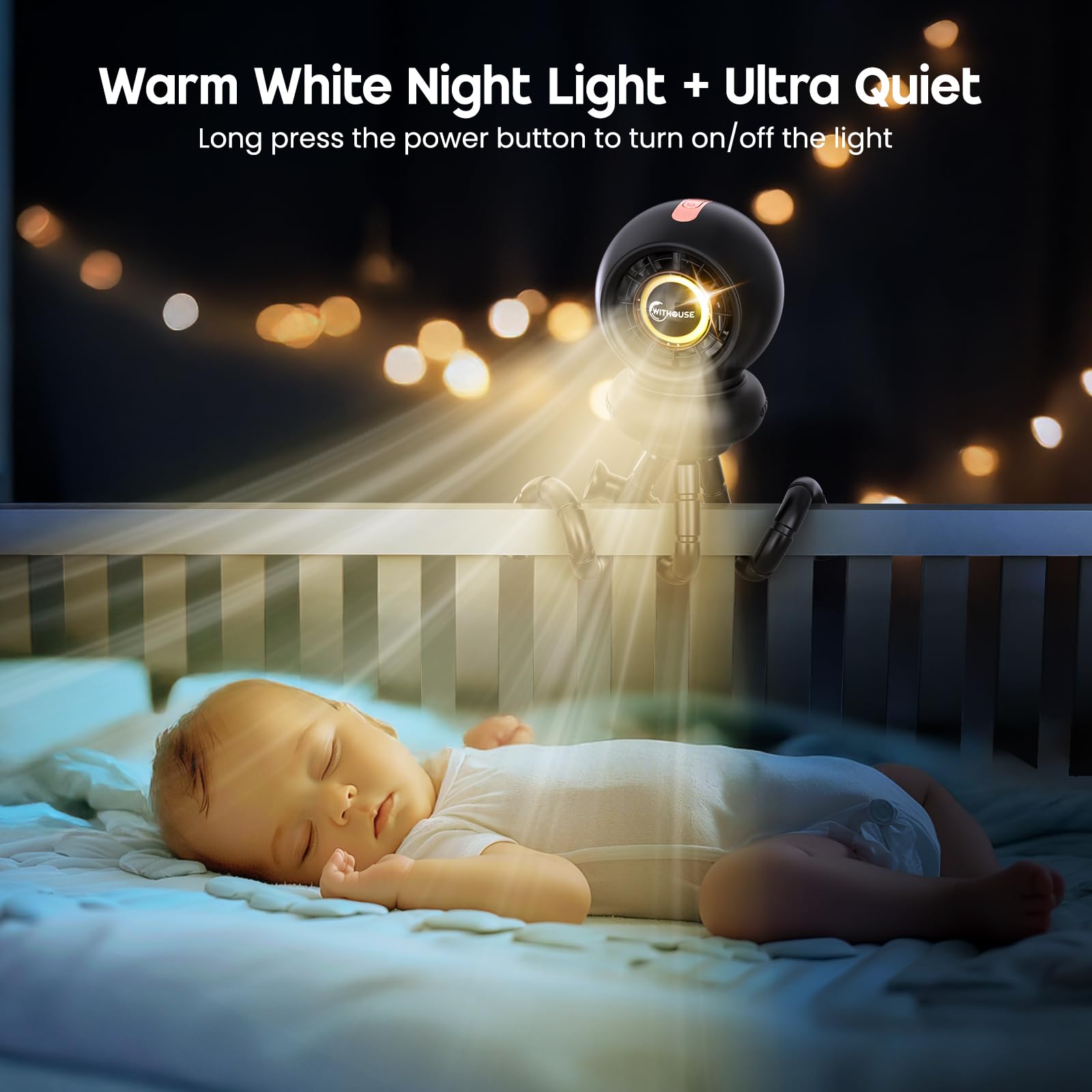 WITHOUSE stroller fan 75-degree oscillation evenly distributes airflow around baby.