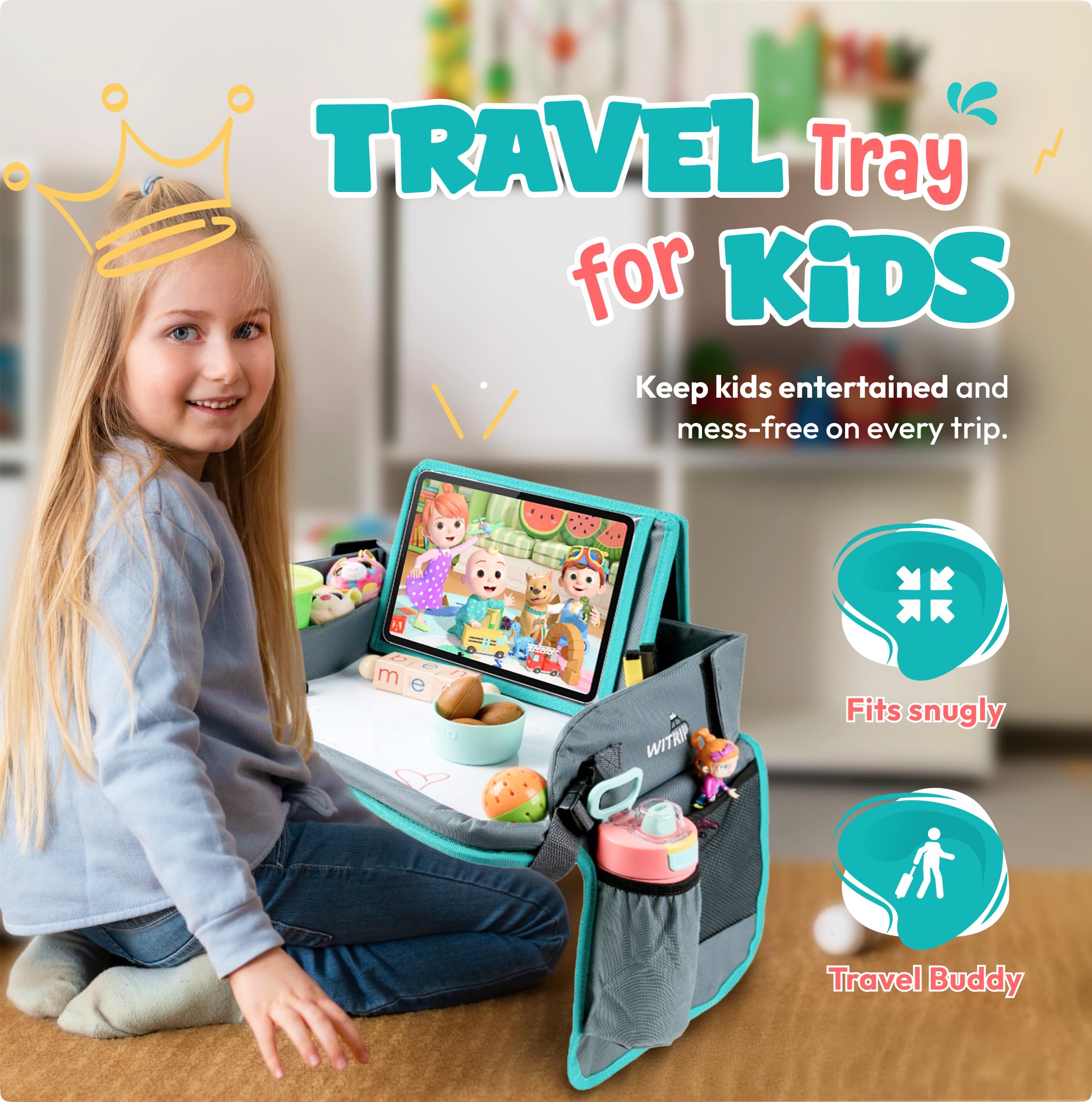 WITRIP car-seat tray organization keeps snacks and toys handy.