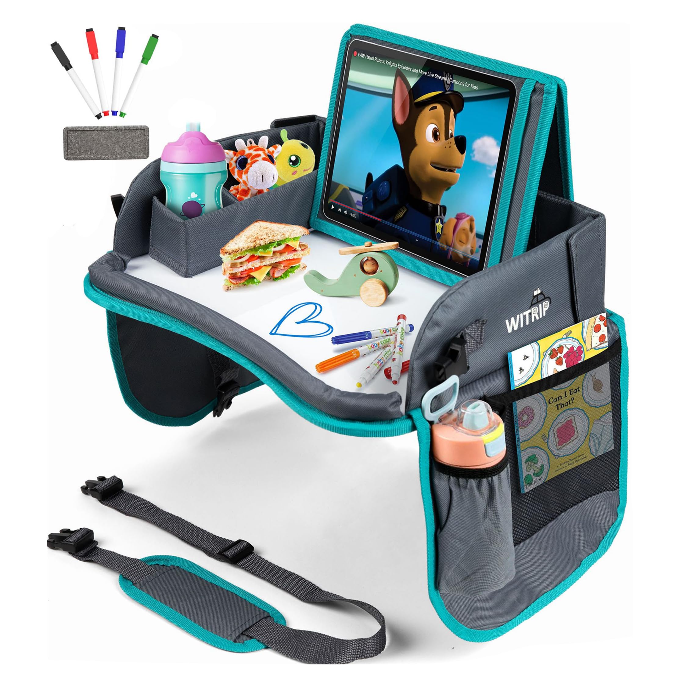 WITRIP kids travel tray with dry erase board for road trip activities.