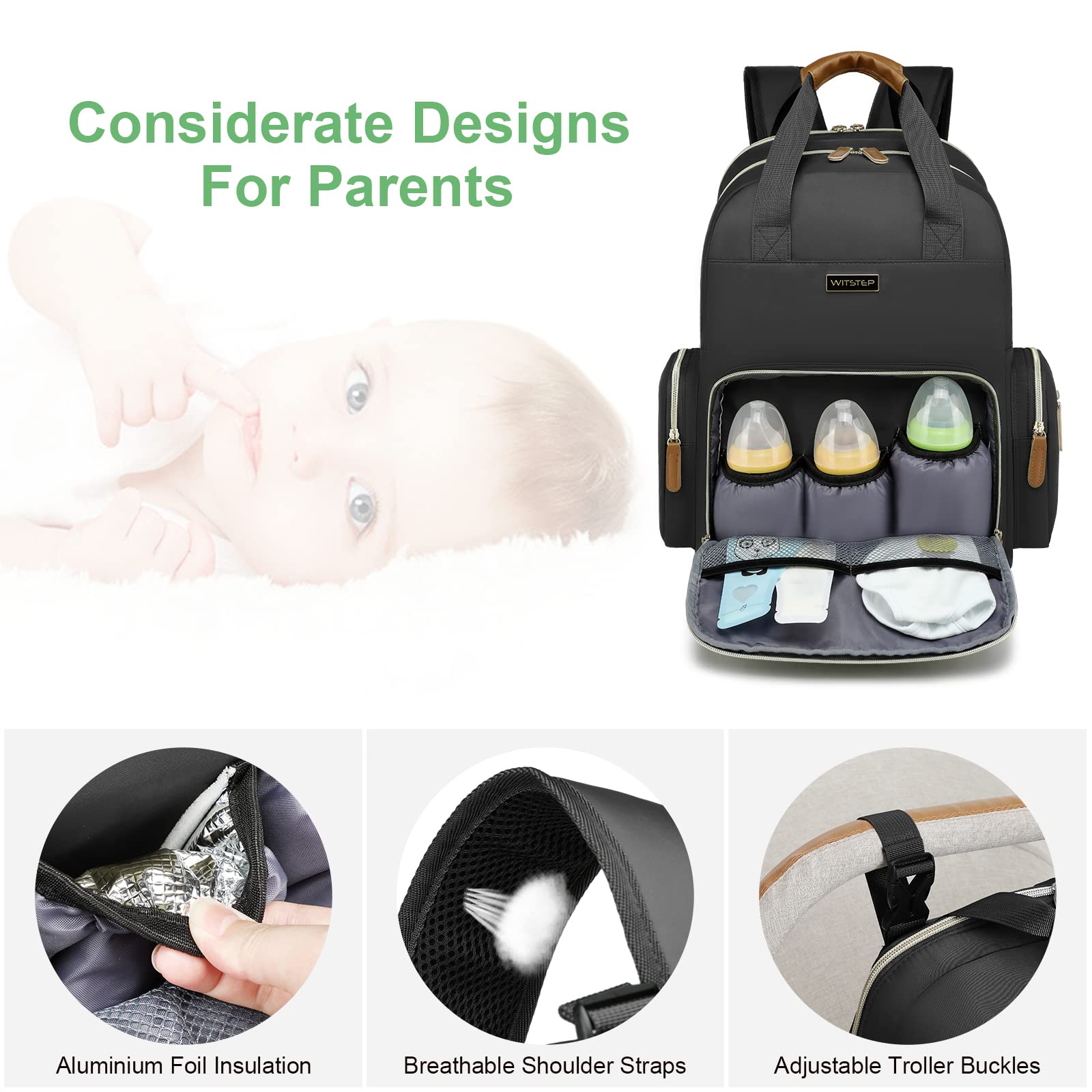 WITSTEP diaper bag laptop backpack detachable changing pad ready for on-the-go diaper changes.