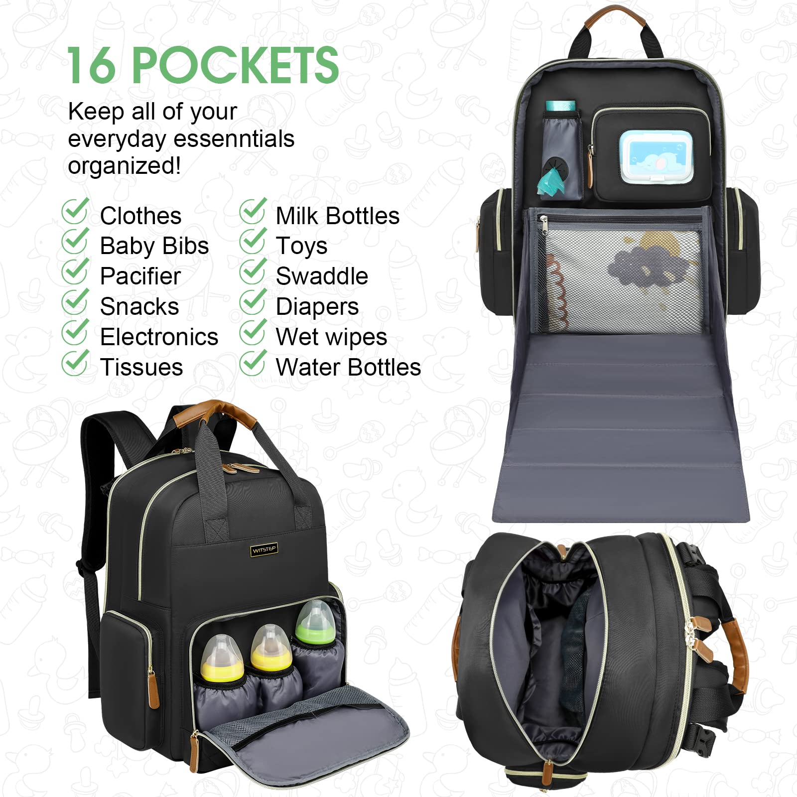 WITSTEP diaper bag laptop backpack open with organized partitions for baby items and a laptop.