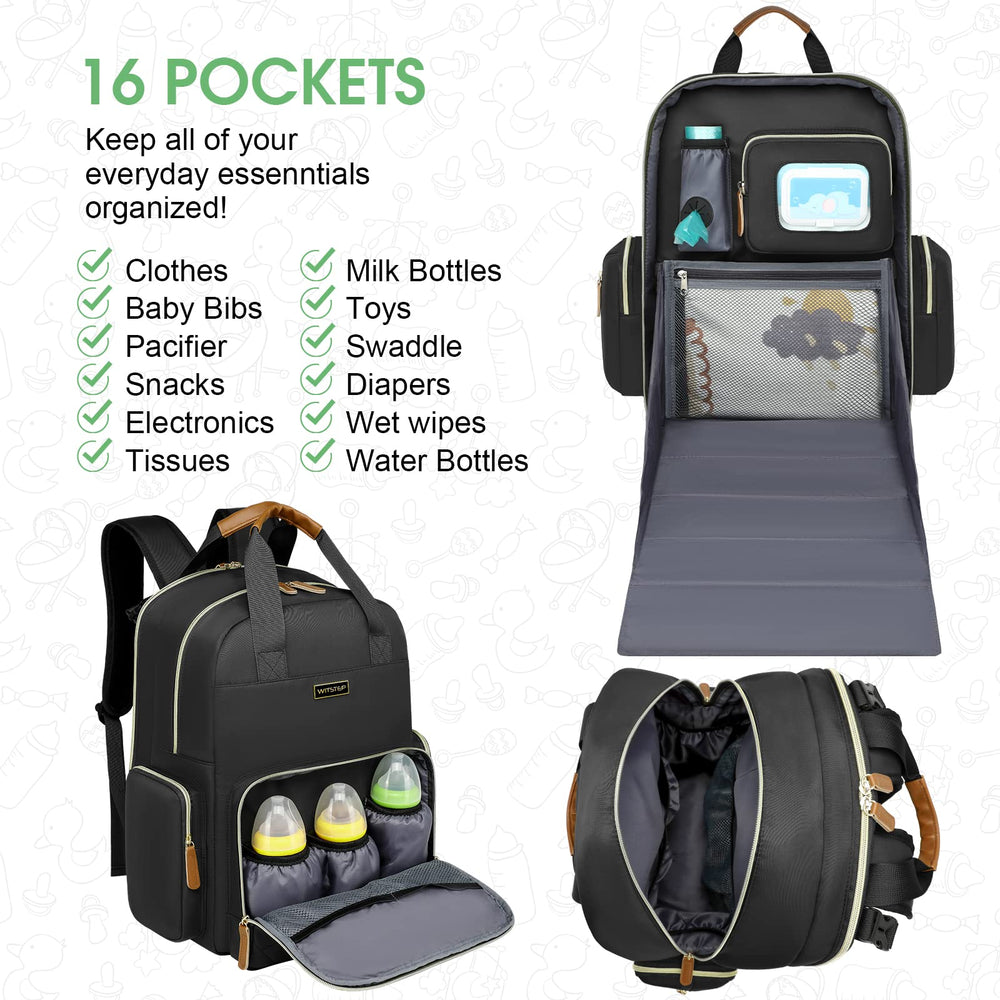 WITSTEP diaper bag laptop backpack open with organized partitions for baby items and a laptop.