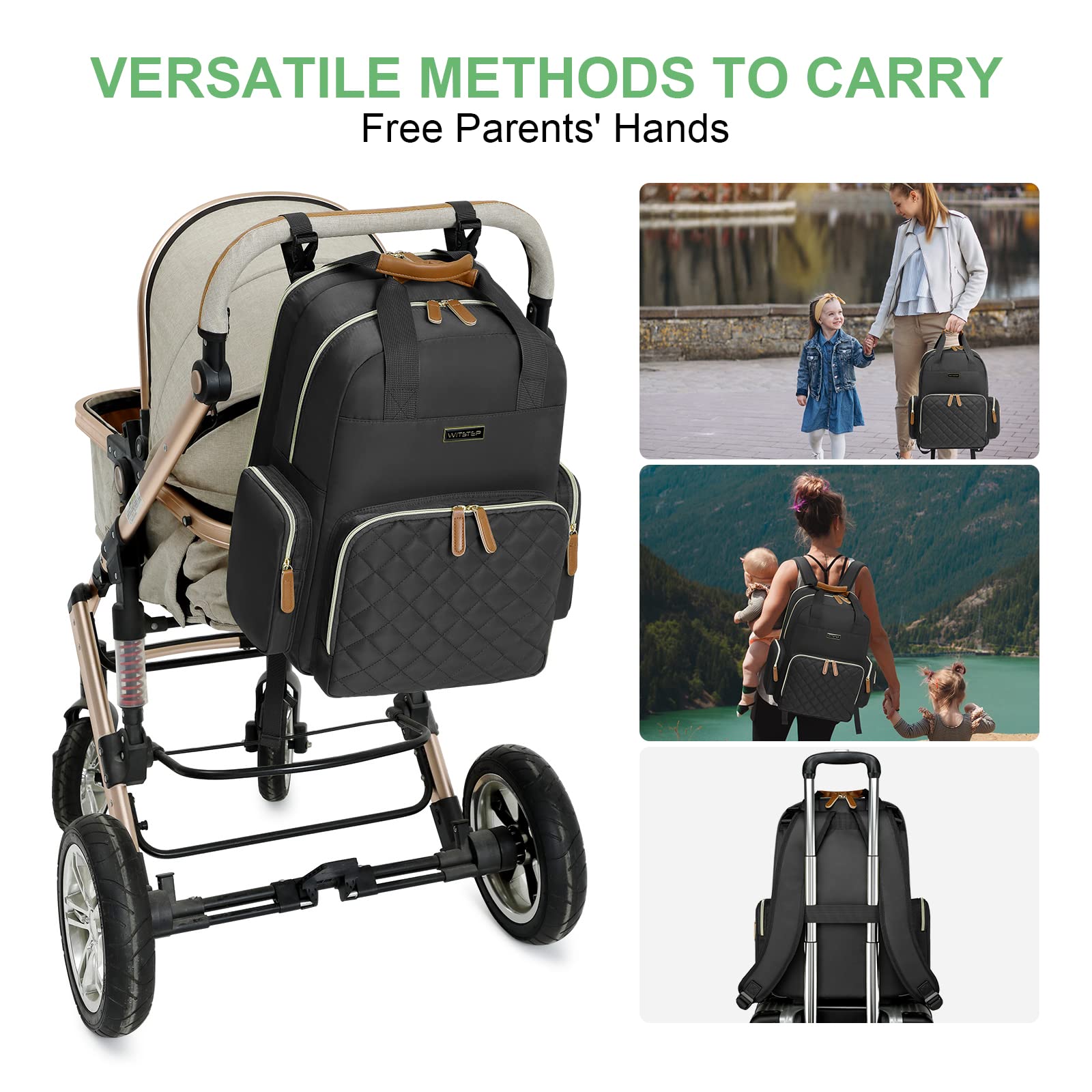 WITSTEP diaper bag laptop backpack stroller buckles and luggage strap for hands-free travel.