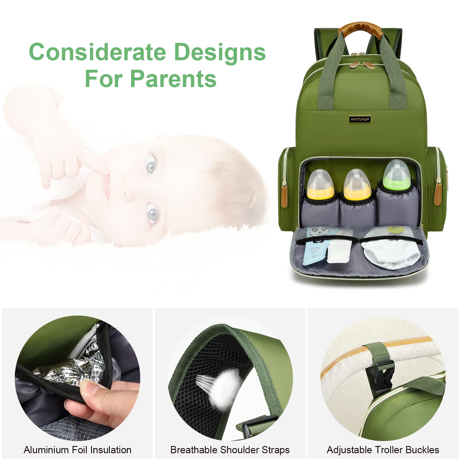 WITSTEP diaper bag mesh pockets store diapers and baby supplies