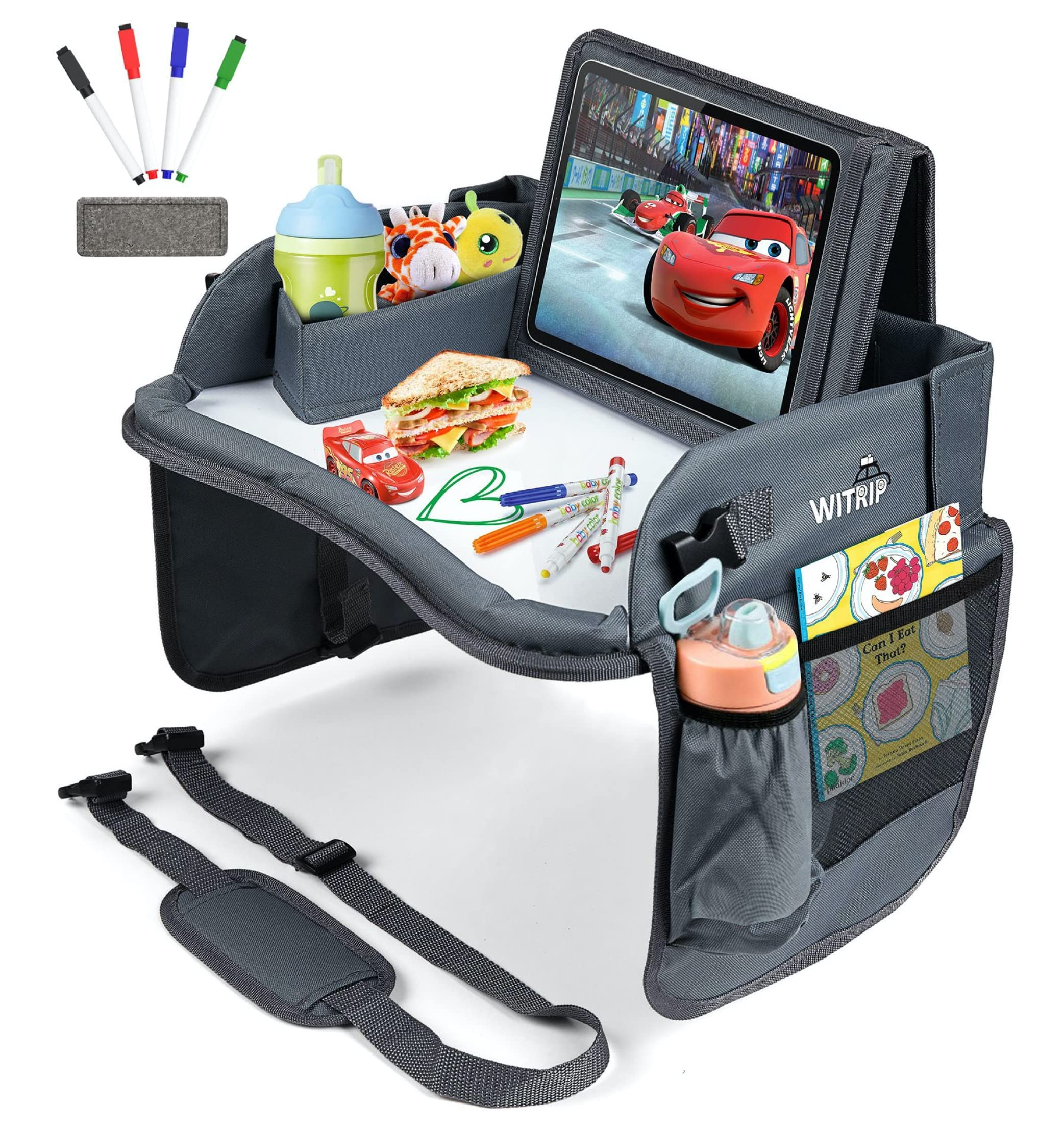 WITRIP kids travel tray with dry erase board keeps snacks and toys within reach