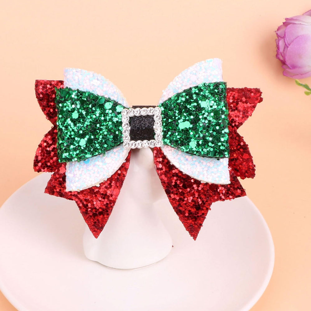 WIWUFUE Christmas hair bow green glitter rhinestones adds holiday charm
