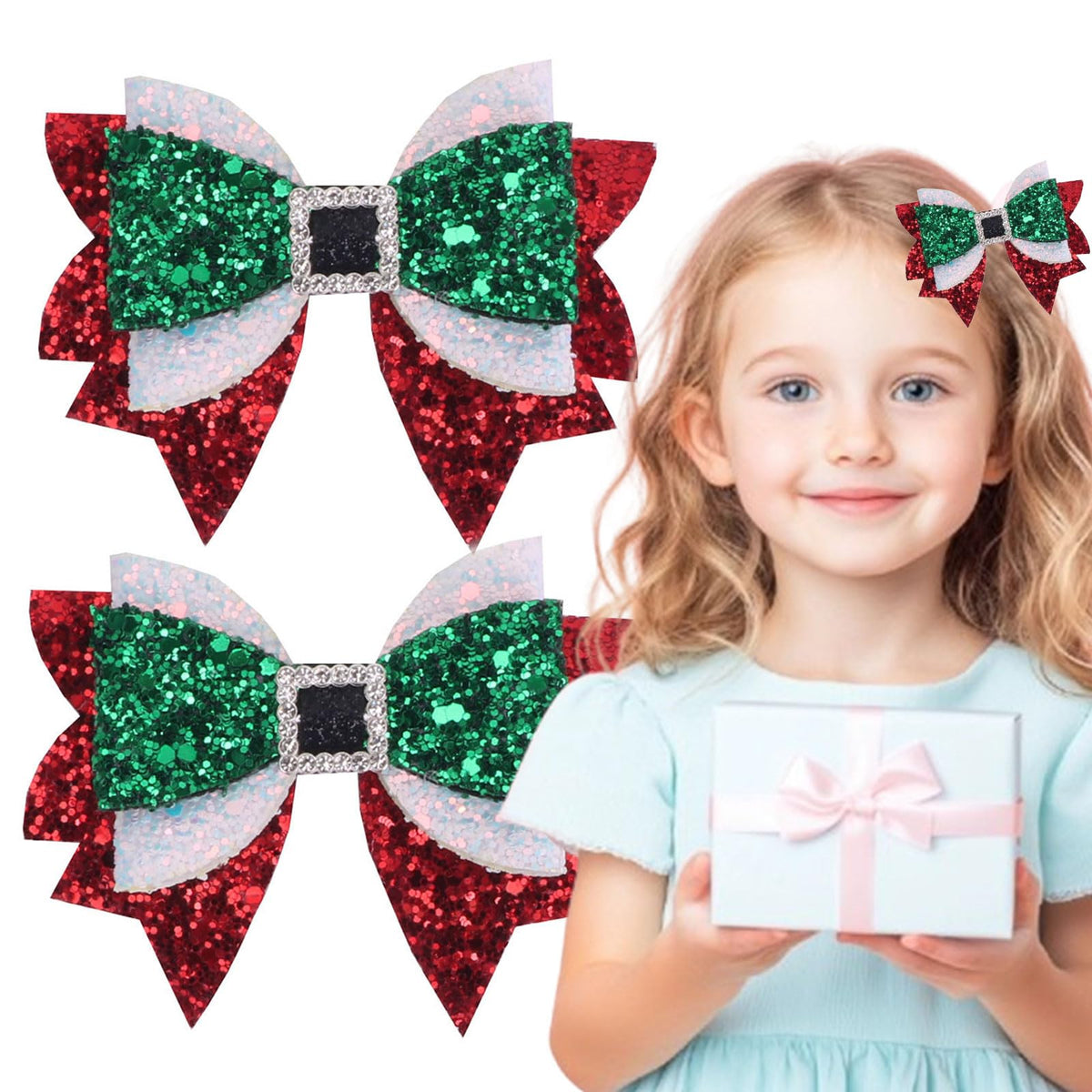 WIWUFUE Christmas hair bow red glitter rhinestones boosts festive sparkle at parties