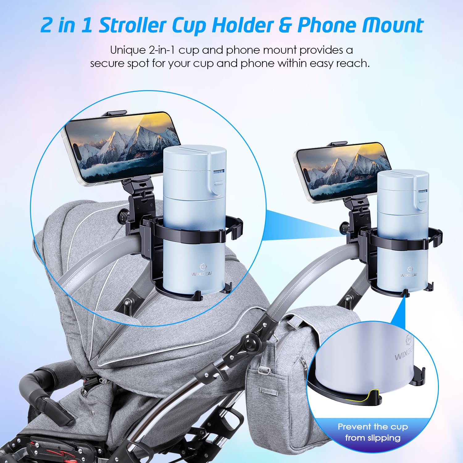 WixGear walker cup holder demonstrates secure-grip design for steady drinks.