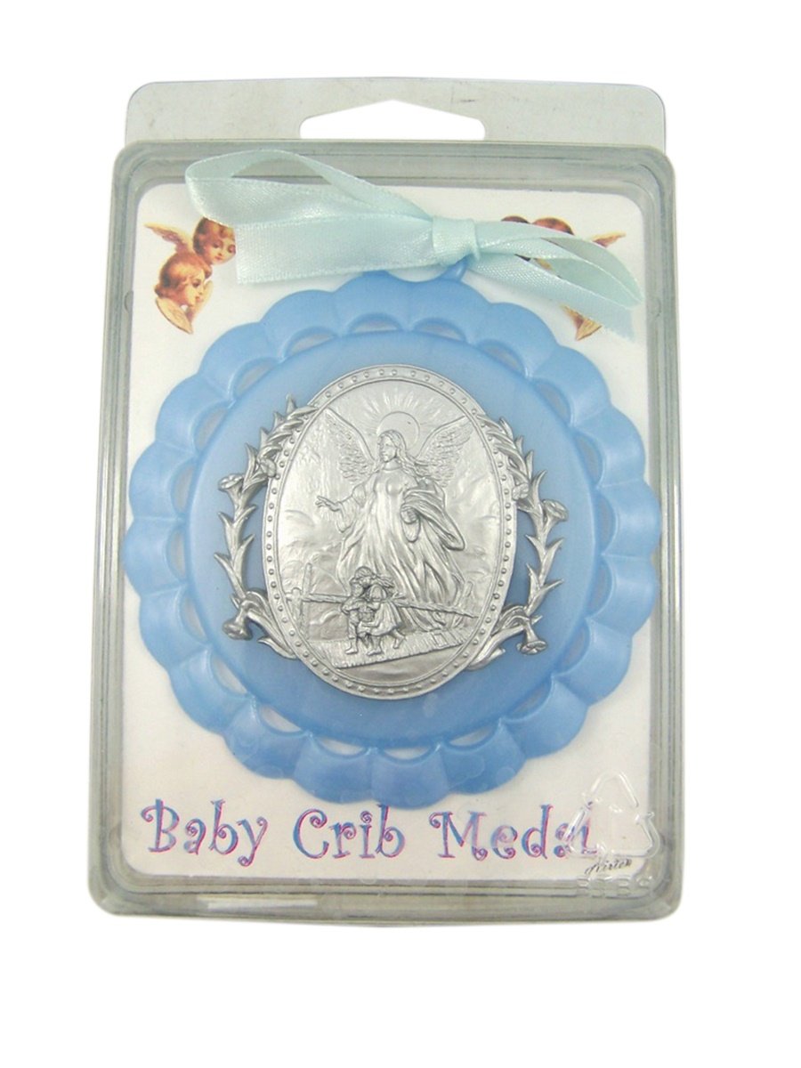 WJH guardian angel close-up on blue crib medal adds nursery charm