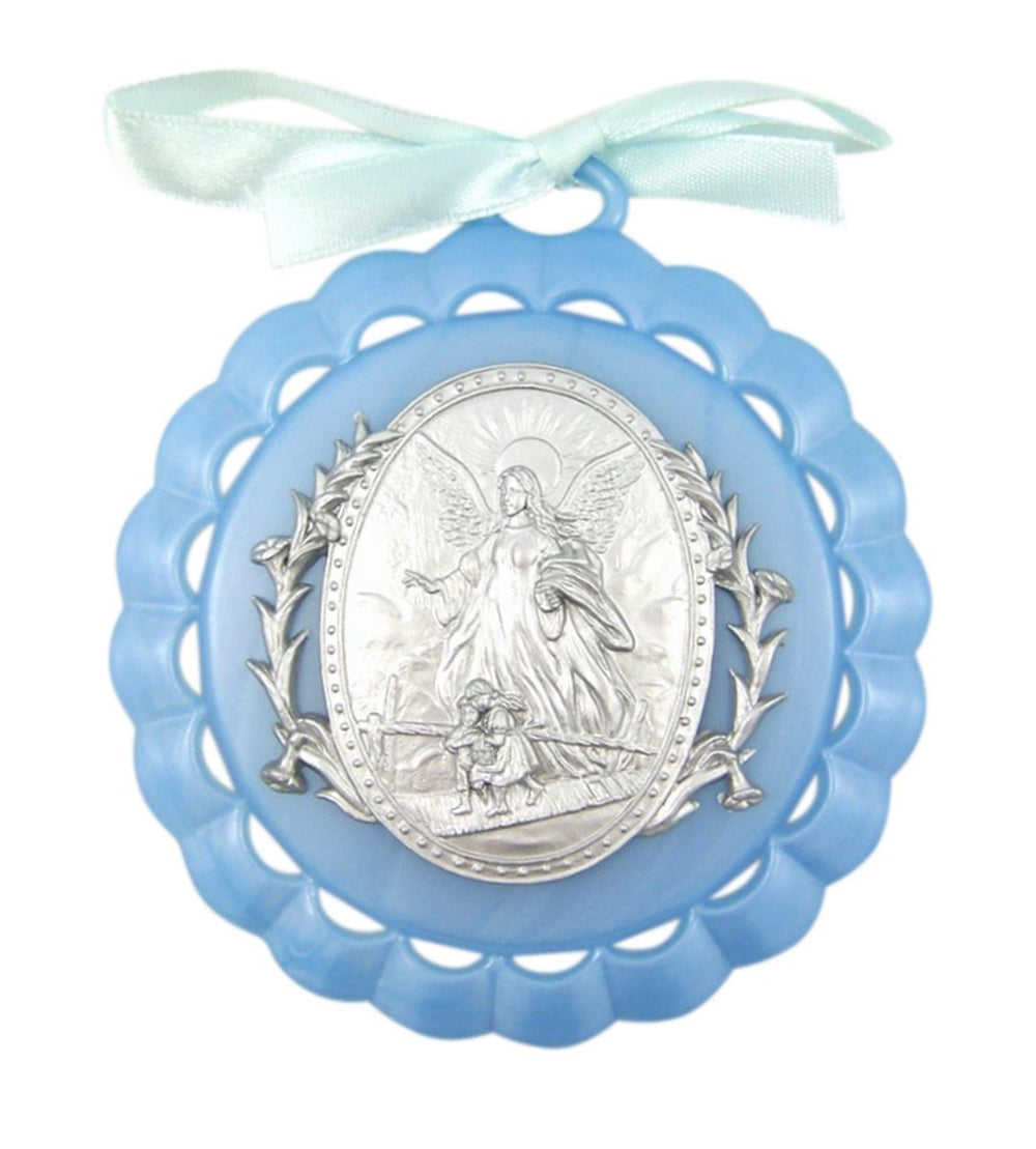 WJH moulded acrylic blue crib medal with guardian angel for calm nursery decor