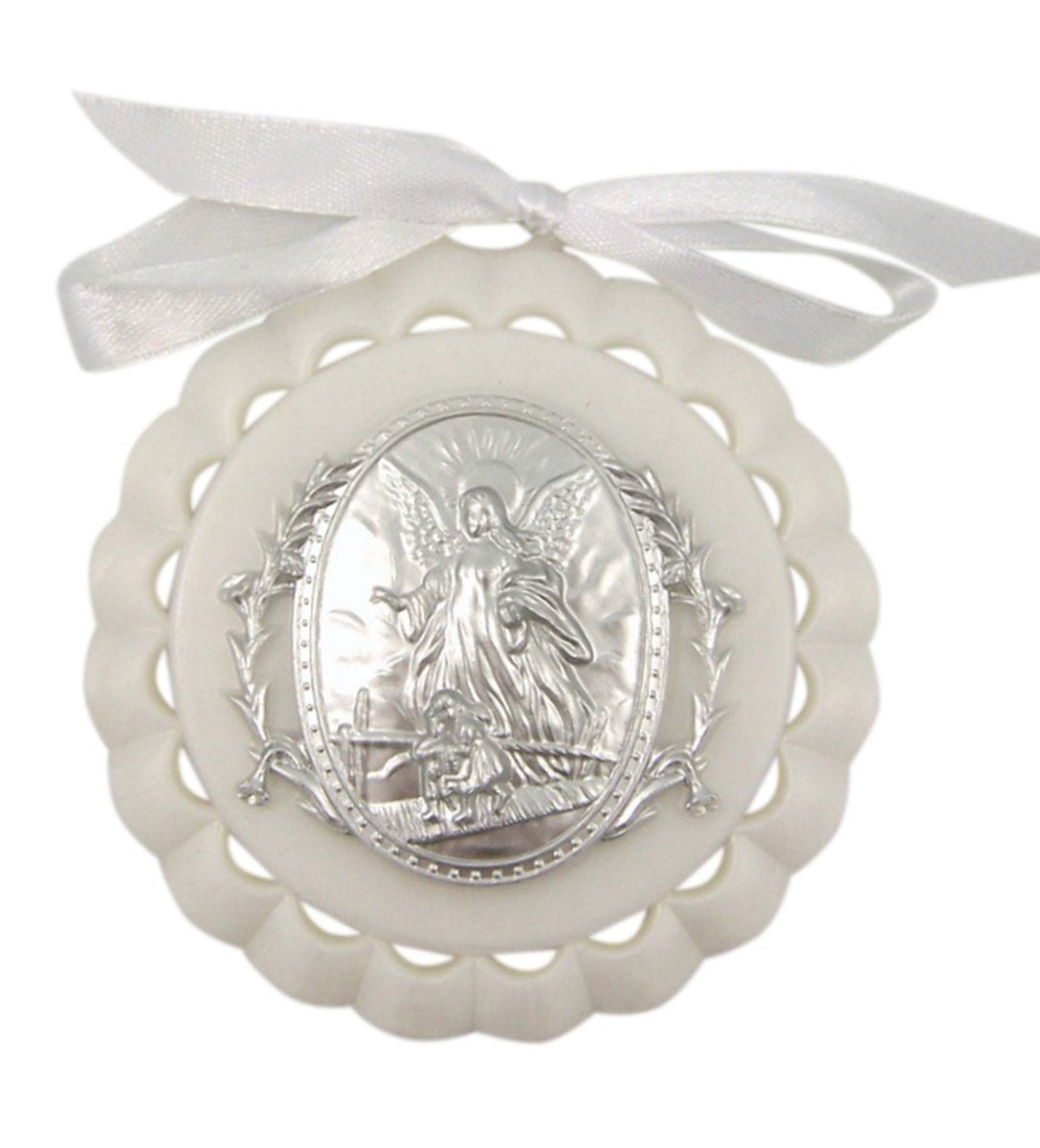 WJH moulded acrylic white crib medal with guardian angel centerpiece for peaceful nursery decor.