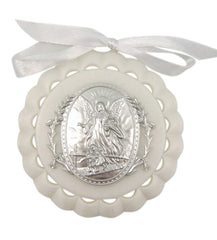 WJH moulded acrylic white crib medal with guardian angel centerpiece for peaceful nursery decor.