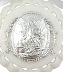WJH moulded acrylic white crib medal showing guardian angel with easy hanging ribbon.