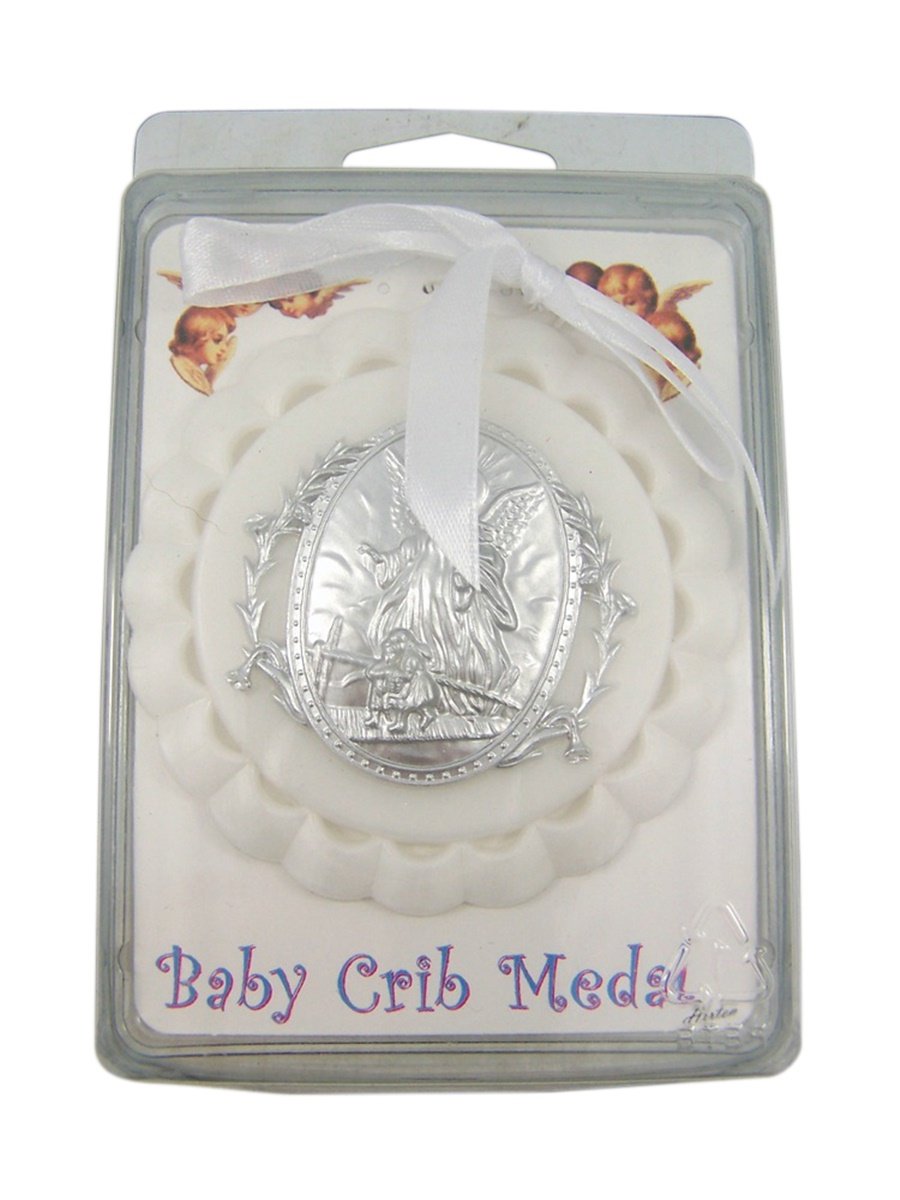 WJH moulded acrylic white crib medal featuring silver-tone guardian angel for hanging decor.