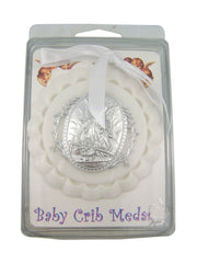 WJH moulded acrylic white crib medal featuring silver-tone guardian angel for hanging decor.