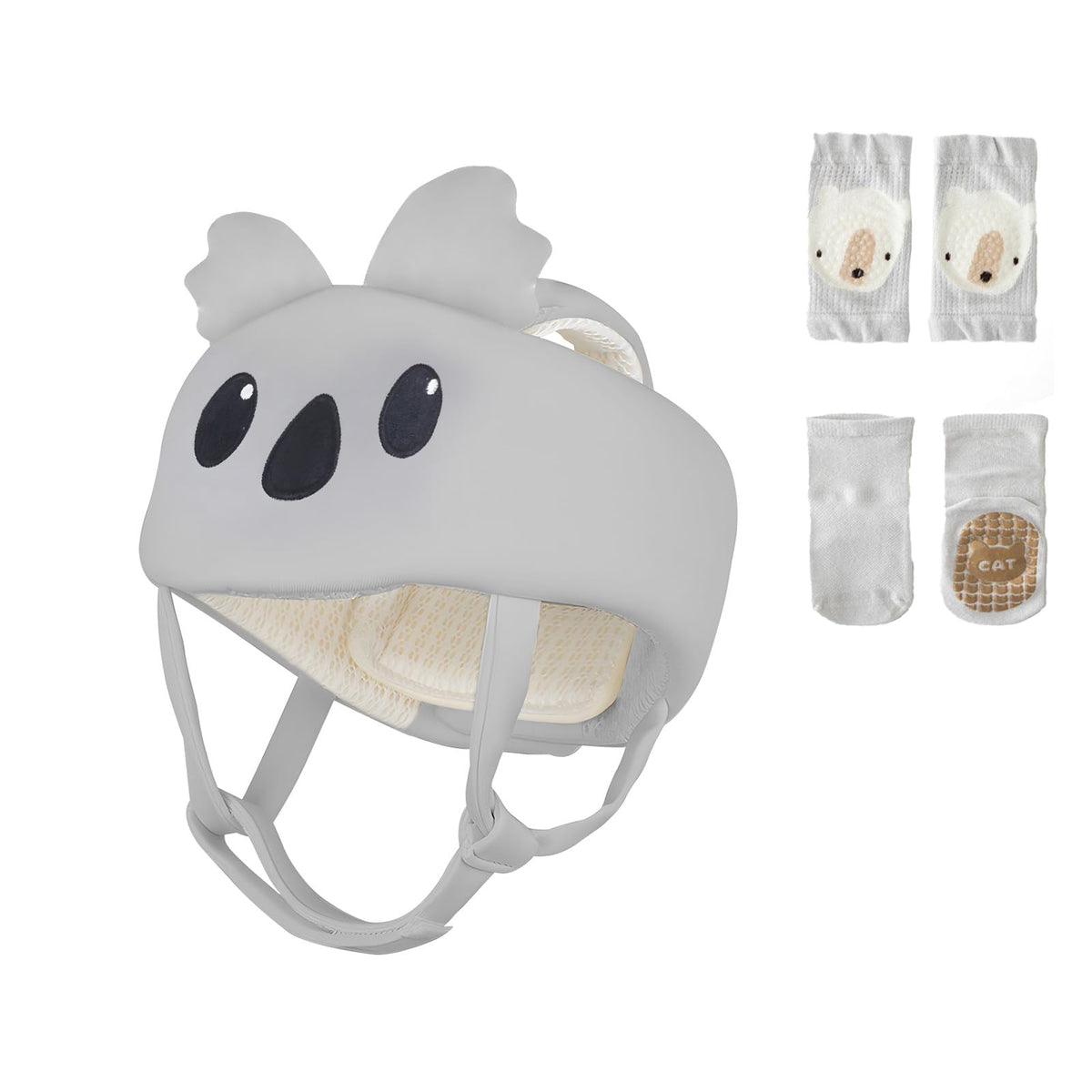 WKC baby helmet with 360° protection for crawling and walking, featuring a comfortable gray shell.