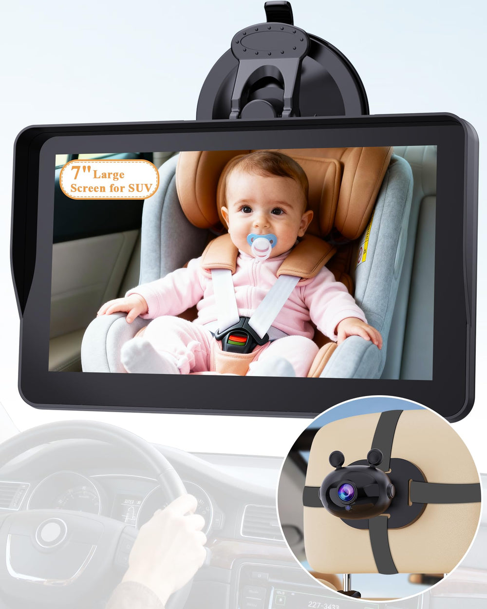 Wkzay 7-Inch Baby Camera display shows real-time backseat view for safer driving.