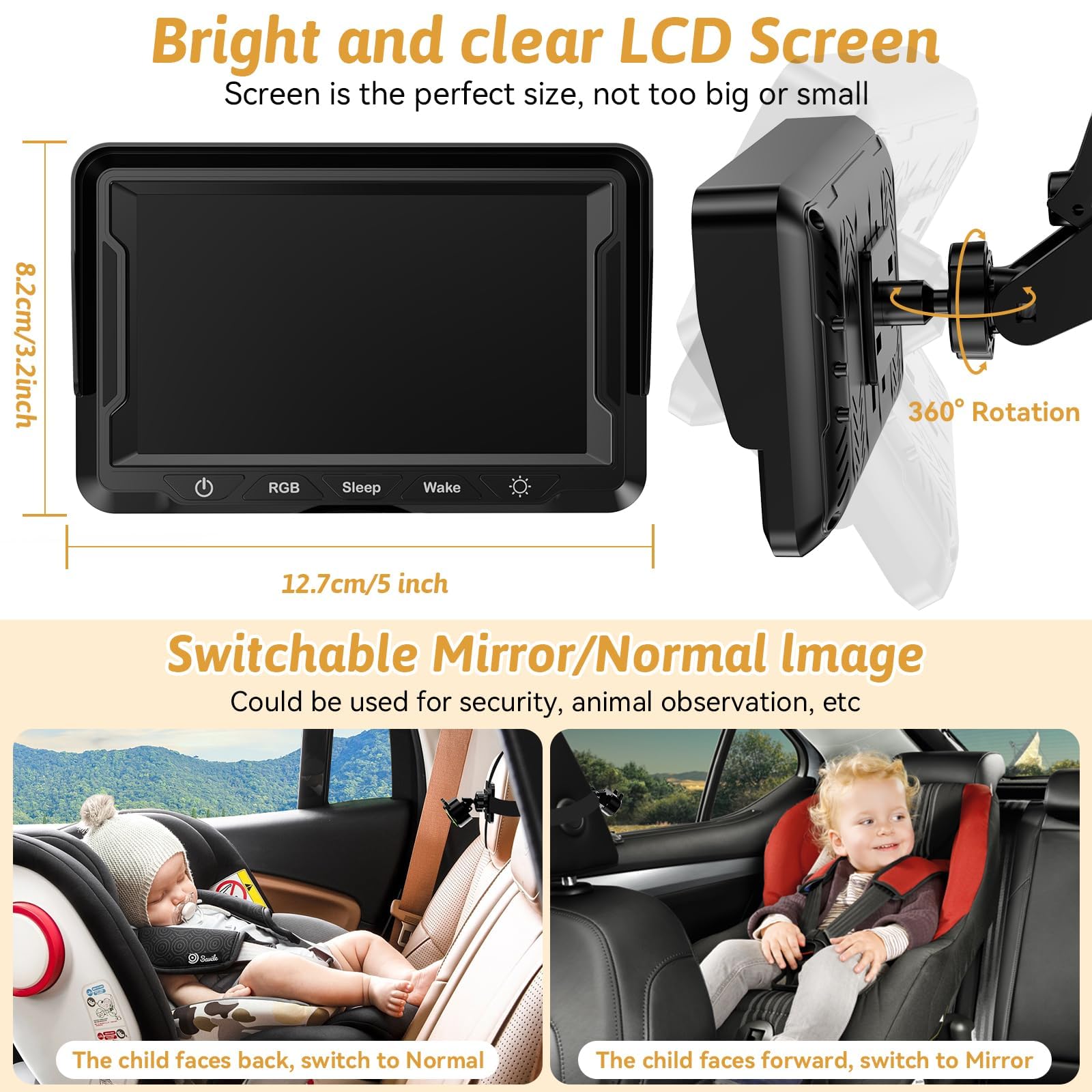 Wkzay 4.3-inch LCD display with brightness control for easy monitoring.