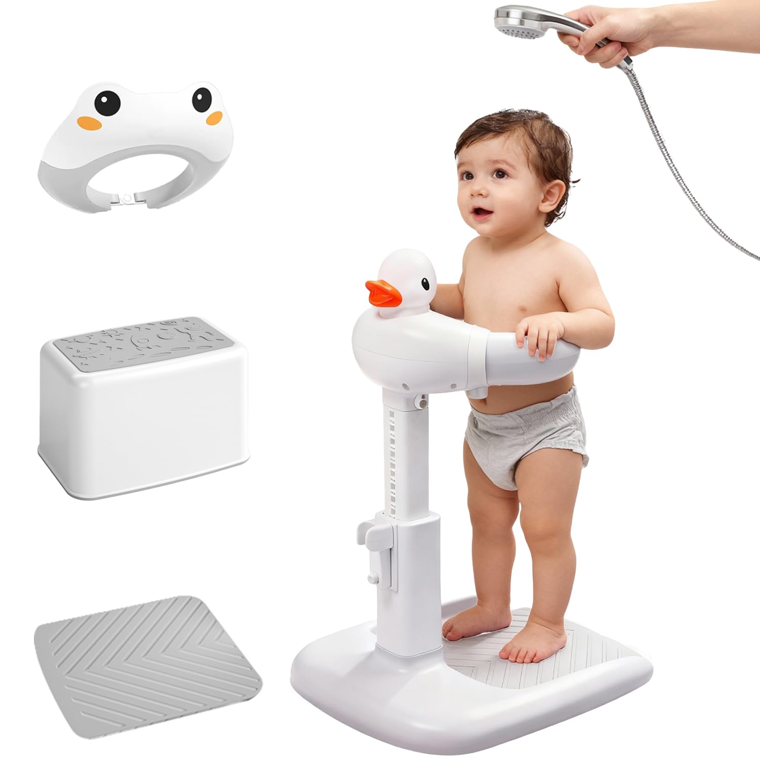 Wmaiwei adjustable baby shower stand grey frame offers stable support during bath time.