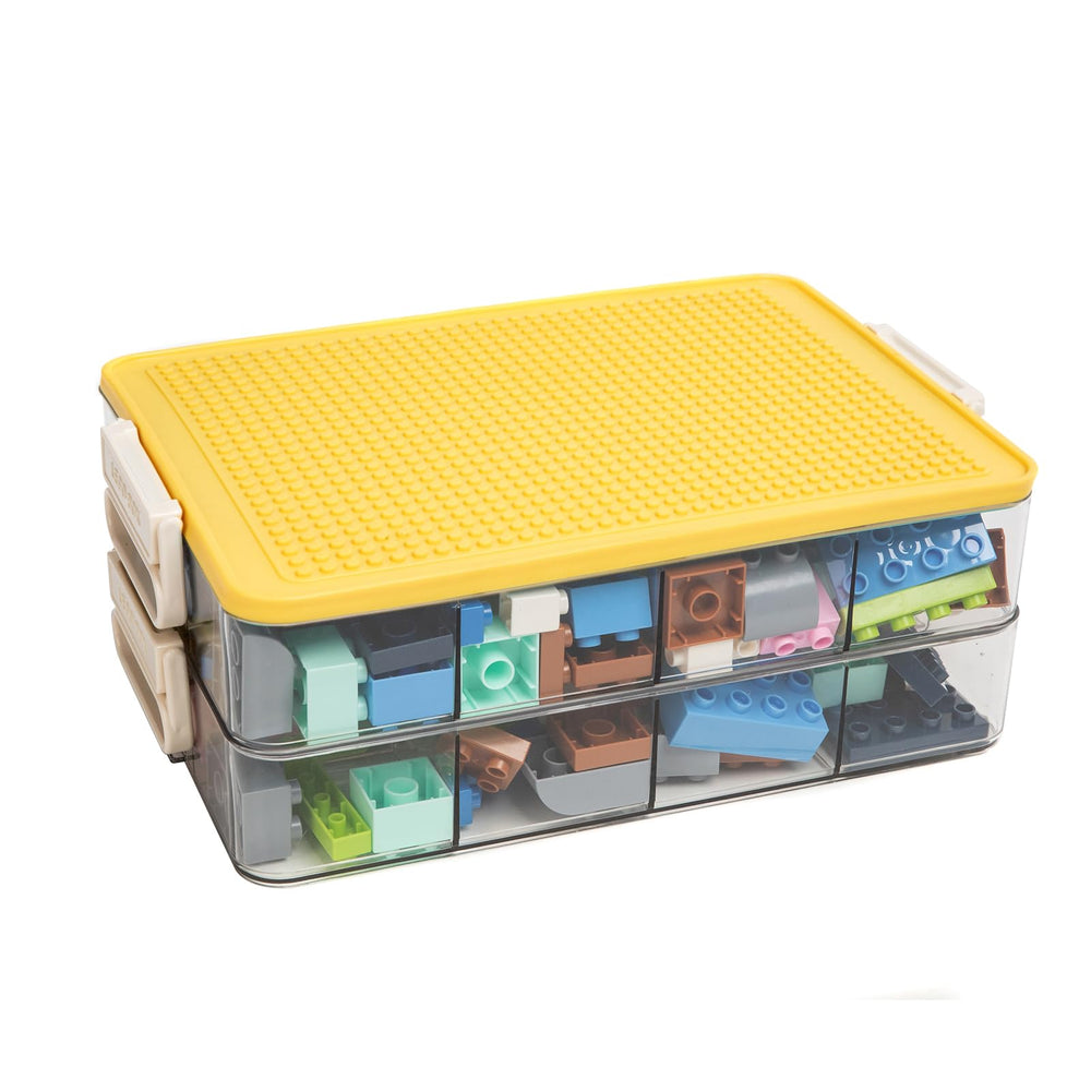 WMM Toys Storage Bins in yellow two-layer design keep LEGO organized on shelf.